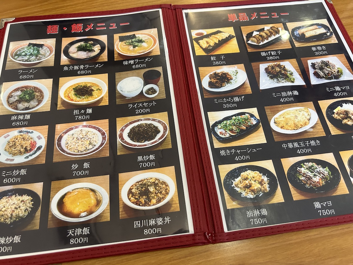 京大周辺のご飯　大龍亭　メニュー